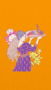 Woman carrying peacock phone wallpaper, vintage orange background, remixed from the artwork of Louis Rhead