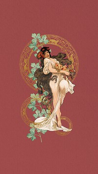 Vintage floral woman phone wallpaper, remixed from the artwork of Alphonse Mucha