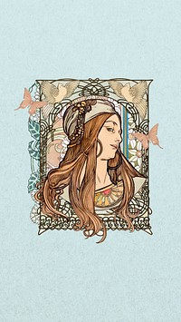 Art nouveau lady mobile wallpaper, Alphonse Mucha's vintage artwork, remixed by rawpixel