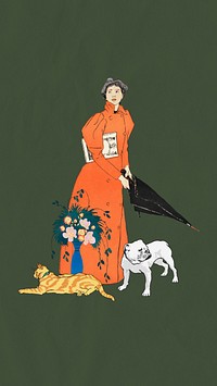 Woman holding umbrella iPhone wallpaper, Edward Penfield-inspired vintage artwork, remixed by rawpixel