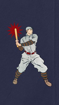 Baseball player blue iPhone wallpaper, sport drawing, remixed by rawpixel