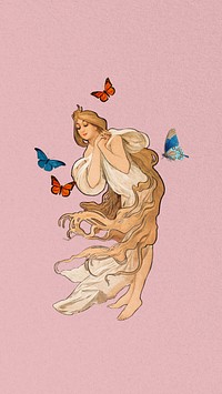 Vintage butterfly woman mobile wallpaper, pink background, remixed from the artwork of Alphonse Mucha