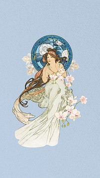 Vintage flower goddess mobile wallpaper, art nouveau background, remixed from the artwork of Alphonse Mucha