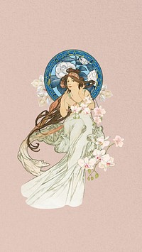 Vintage flower goddess mobile wallpaper, art nouveau background, remixed from the artwork of Alphonse Mucha