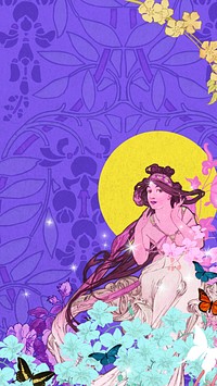 Purple flower goddess iPhone wallpaper, leafy patterned background, remixed from the artwork of Alphonse Mucha