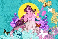 Purple flower goddess background, leafy pattern, remixed from the artwork of Alphonse Mucha