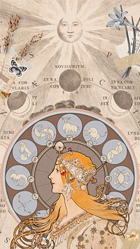 Alphonse Mucha's zodiac iPhone wallpaper, famous Art Nouveau artwork, remixed by rawpixel