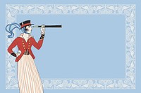 Victorian woman adventurer background, pastel blue frame, remixed from the artwork of George Barbier