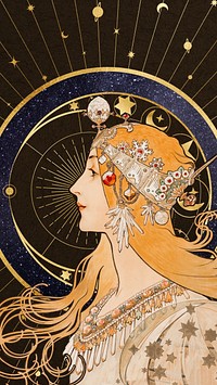 Alphonse Mucha's Zodiac iPhone wallpaper, vintage woman background, remixed by rawpixel