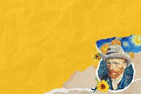 Wrinkled yellow paper background, Van Gogh's self-portrait blue border, remixed by rawpixel