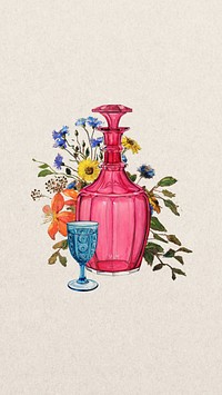 Floral pink bottle mobile wallpaper. Vintage art remixed by rawpixel.