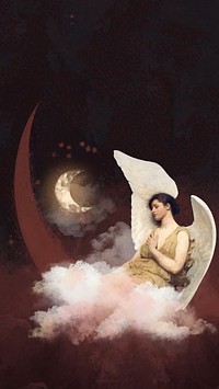 Aesthetic vintage angel phone wallpaper, crescent moon night sky design, remixed by rawpixel