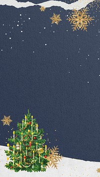 Winter Christmas tree iPhone wallpaper, blue paper textured background