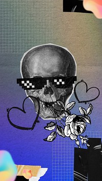 Skeleton smoking flower mobile wallpaper, abstract paper collage