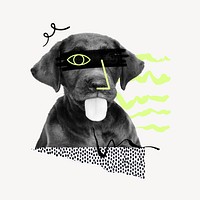 Funny dog, cute face doodle, abstract collage