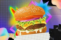 Homemade cheeseburger background, retro neon collage