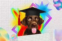 Funny dog graduate background, retro neon collage