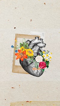 Aesthetic floral heart phone wallpaper, collage remix design