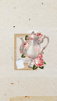 Floral teapot phone wallpaper, collage remix design