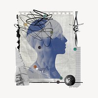 Mental health, note paper collage art with human head silhouette