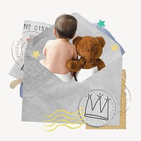 Baby teddy bear, open envelope collage art