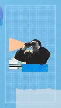 Businessman using binoculars phone wallpaper, paper collage art