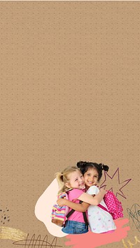 Little girls hugging mobile wallpaper, education collage art