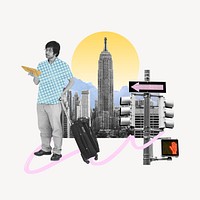 Traveling man with luggage, creative collage art