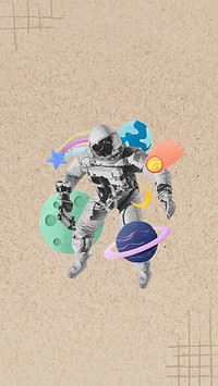 Astronaut space aesthetic iPhone wallpaper, paper collage art