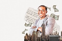 Successful businessman, office buildings collage art