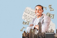 Successful businessman, office buildings collage art