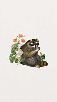 Vintage raccoon phone wallpaper, botanical wildlife background