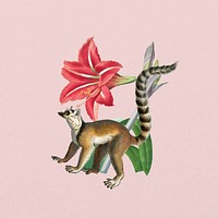 Ring-tailed lemur, wildlife botanical remix collage element