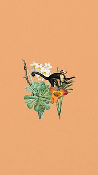 Wild monkey phone wallpaper, vintage flower remix background