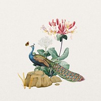 Floral peacock, vintage botanical collage element