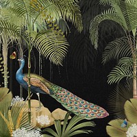 Jungle peacock bird background, vintage palm trees