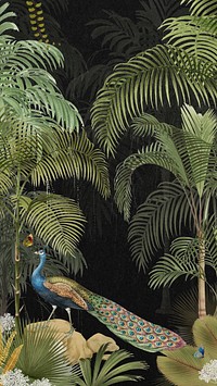 Jungle peacock bird iPhone wallpaper, vintage palm trees background 