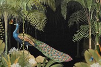 Jungle peacock bird background, vintage palm trees