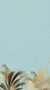 Gold palm leaf iPhone wallpaper, botanical border blue background