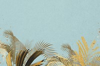 Gold palm leaf background, botanical border blue design