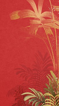 Gold palm leaf iPhone wallpaper, botanical border red background
