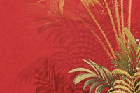 Gold palm leaf background, botanical border red design