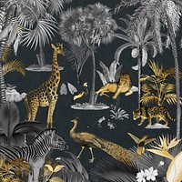 Gold wildlife pattern background, jungle animals illustration