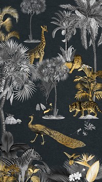 Gold wildlife pattern iPhone wallpaper, jungle animals background