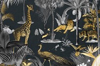 Gold wildlife pattern background, jungle animals illustration