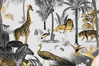 Gold wildlife pattern background, jungle animals illustration