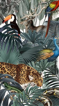 Vintage wildlife pattern mobile wallpaper, jungle animal illustration