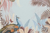 Blue aesthetic peacock background, botanical border