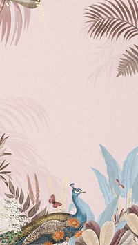 Pink aesthetic peacock phone wallpaper, botanical border background