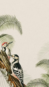 Vintage exotic birds phone wallpaper, beige jungle border background